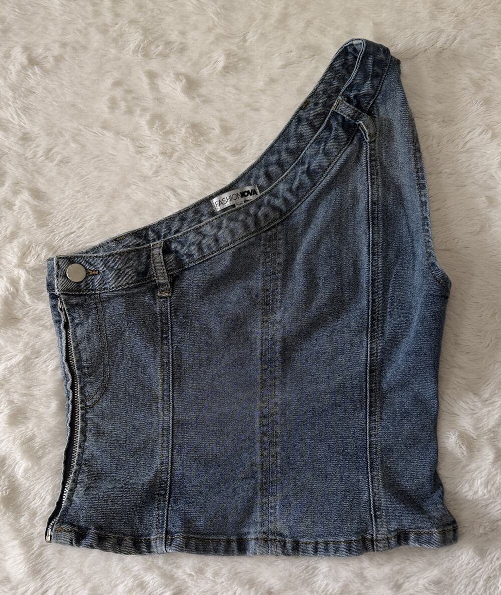 Fashion Nova Denim Top Womens Medium One Shoulder Corset Tank Blue Zip Side Y2K